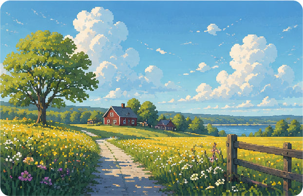 Solig sommaräng med blommor, ett träd och en röd stuga vid en sjö